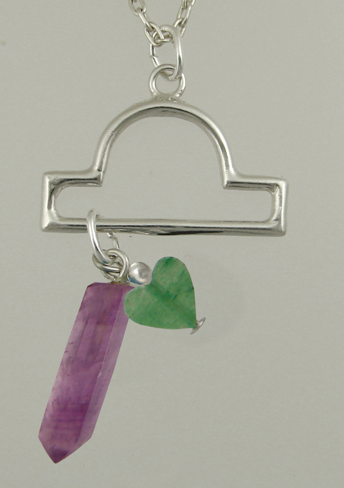 Sterling Silver Libra Pendant Necklace With an Amethyst Crystal And Green Heart